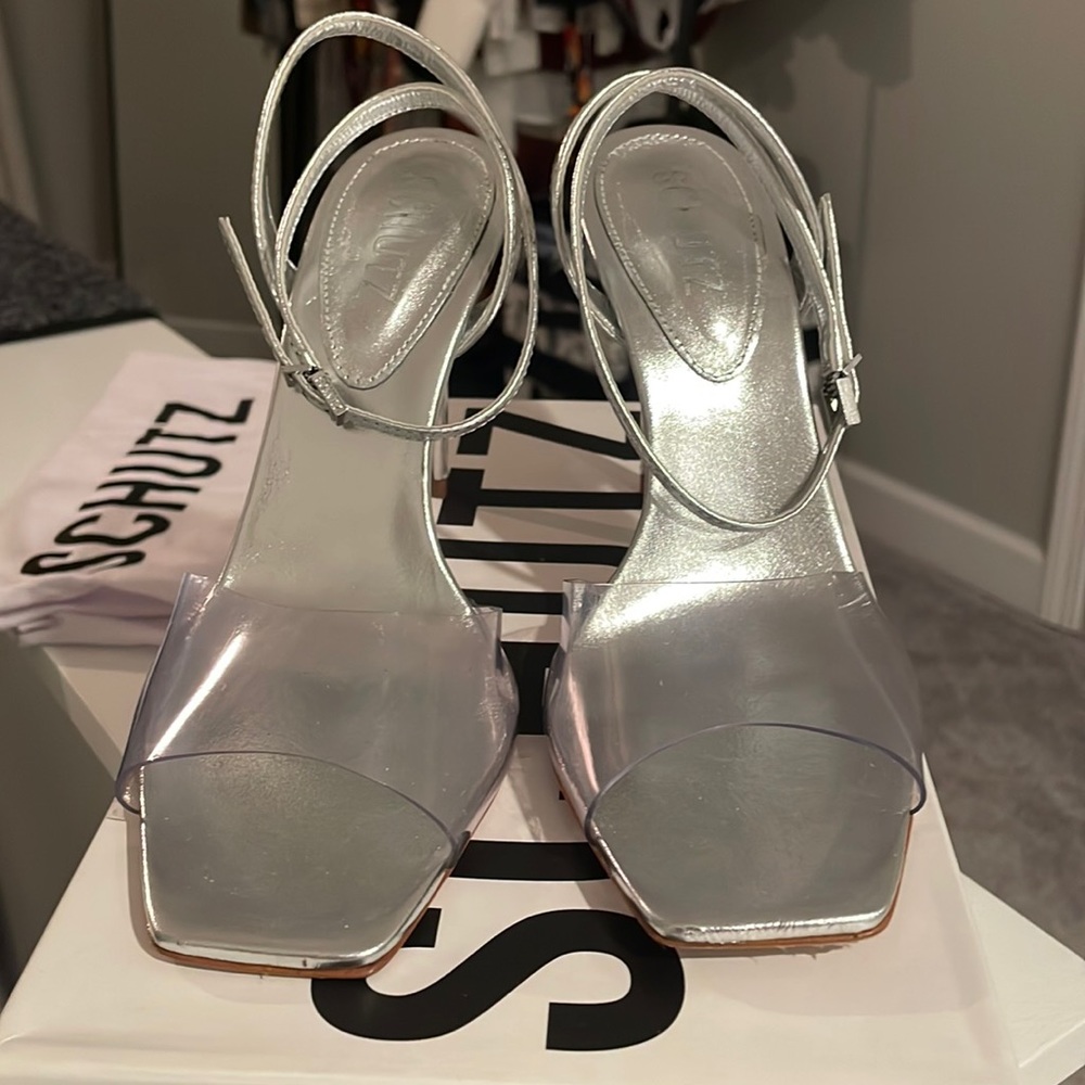 SCHUTZ Metallic Open Toed Heels